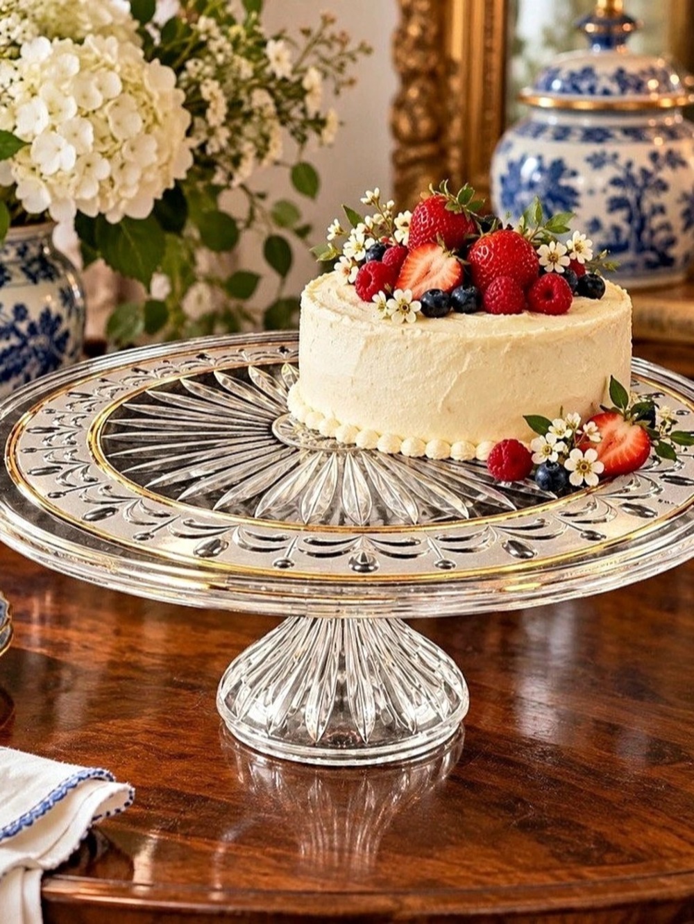 Vintage Jeannette Glass Footed Cake Plate Gold Trim 13 Inch